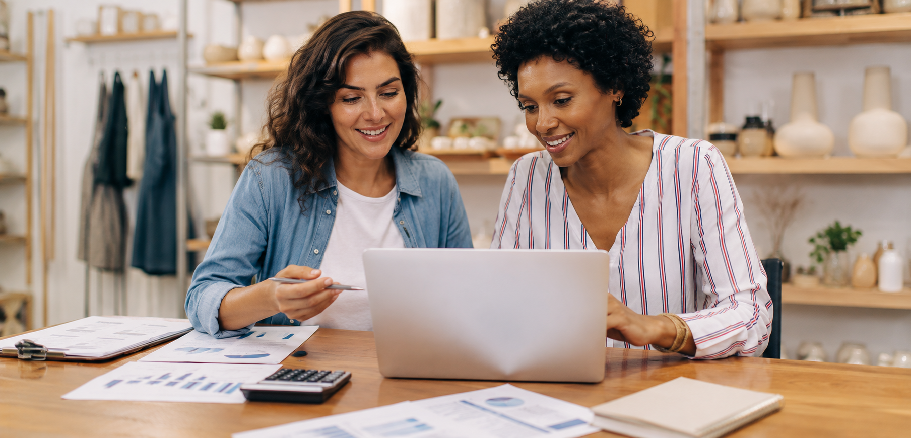 Two small business owners reviewing financial reports together on a laptop while discussing their business finances.