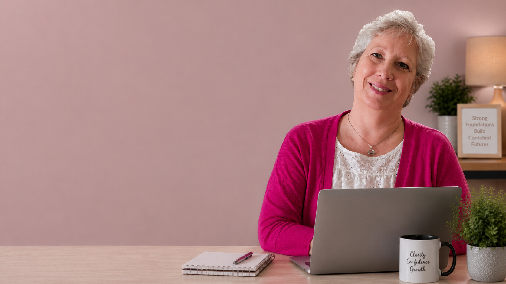 Smiling senior woman sitting at a desk with a laptop, notebook, pen, and a coffee mug that reads 'Clarity Confidence Growth.' In the background, there is a table with a potted plant, a lamp, and a framed message board with the words 'Strong Foundations Build Confident Futures.'