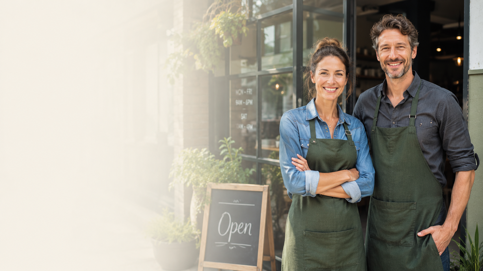 business owners standing infornt of their store with an open sign next to them