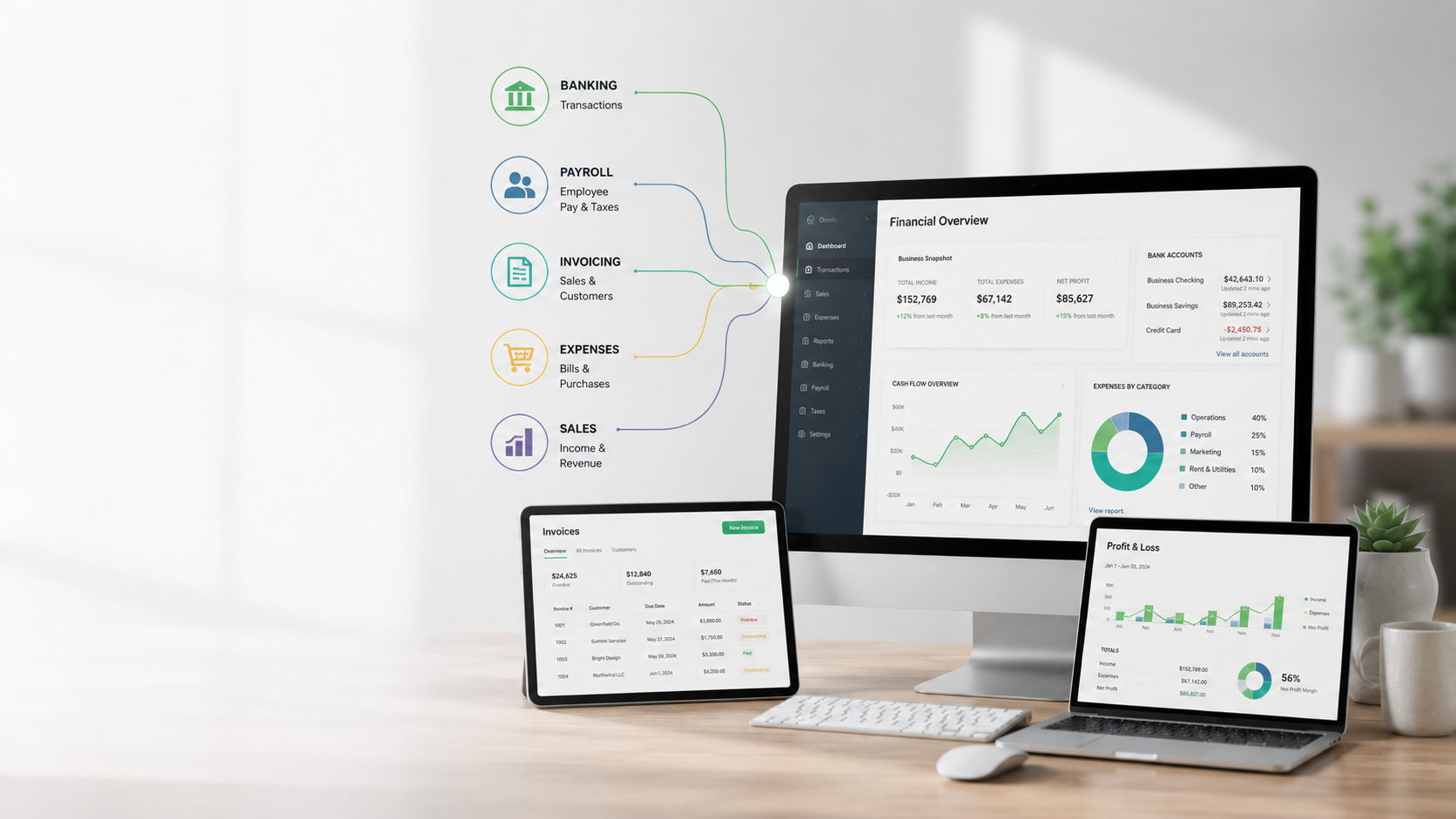 Modern accounting workspace with connected financial systems feeding into a centralized accounting dashboard, representing accounting system alignment, software transitions, and organized financial records.
