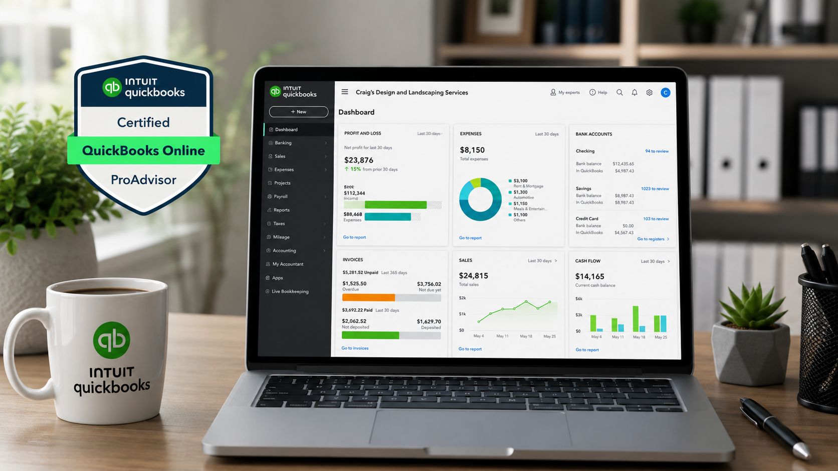 Laptop displaying the QuickBooks Online dashboard with Certified QuickBooks Online ProAdvisor badge, representing professional bookkeeping, cleanup, and financial management services.