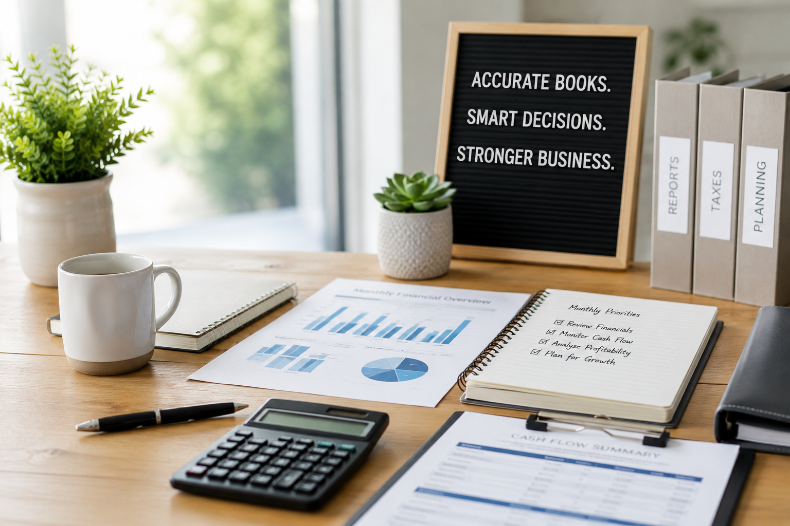 Organized office workspace with financial reports, calculator, planner, and business documents representing ongoing accounting oversight and financial management.
