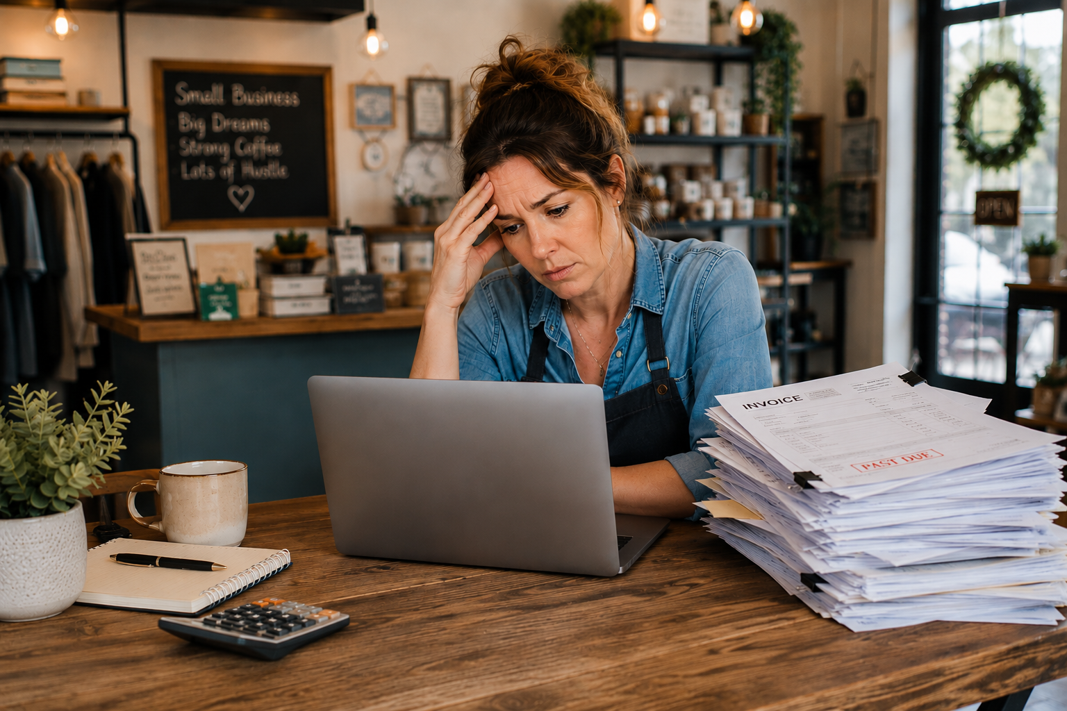 Overwhelmed small business owner reviewing invoices at a laptop with a stack of paperwork, representing disorganized bookkeeping and the need for accounting system cleanup and alignment.