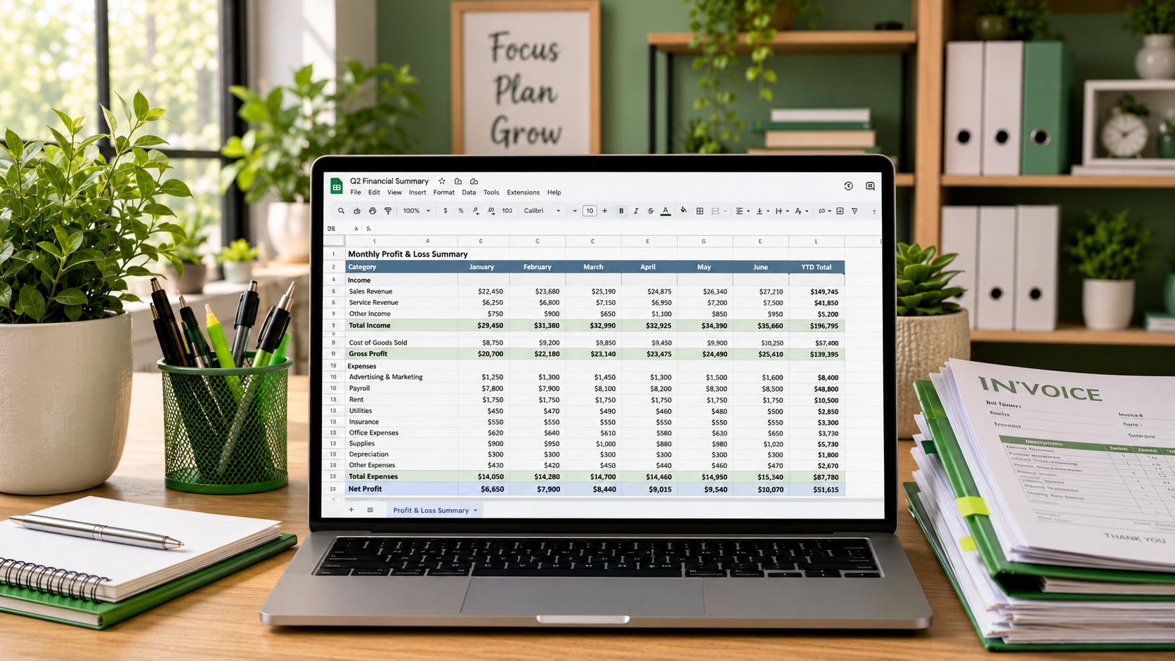 Laptop displaying a financial spreadsheet on an organized office desk with invoices and green office accents, representing bookkeeping, financial reporting, and accounting system organization.