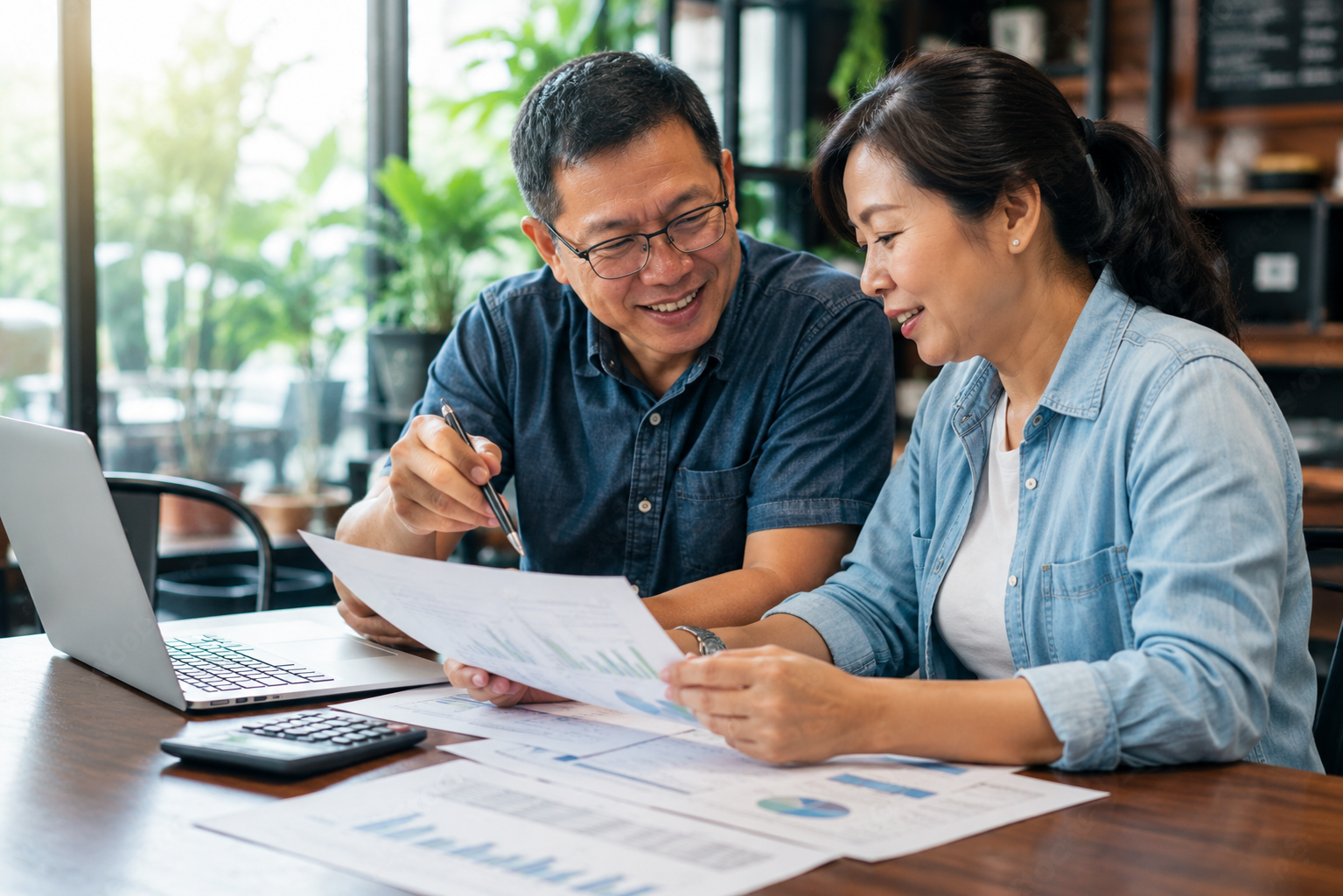 Two small business owners reviewing financial reports together while discussing business performance and making informed financial decisions.