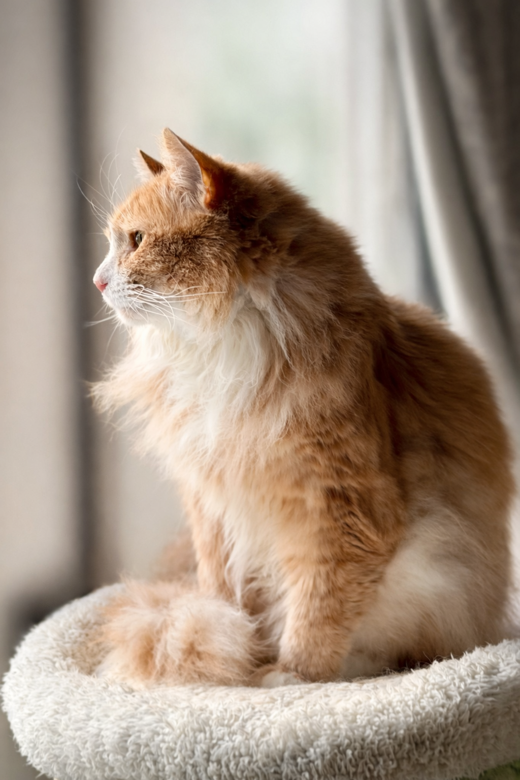 An orange and white long-haired cat sitting on a soft white plush surface, looking out a window with a soft-focused background.