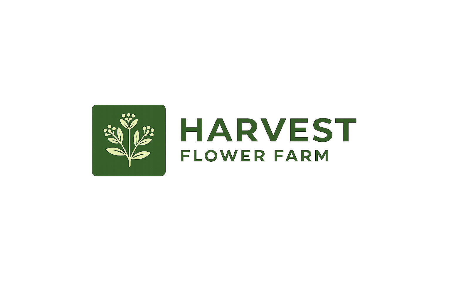 Logo for Harvest Flower Farm featuring a green square with a stylized plant icon and the text 'HARVEST FLOWER FARM' next to it.