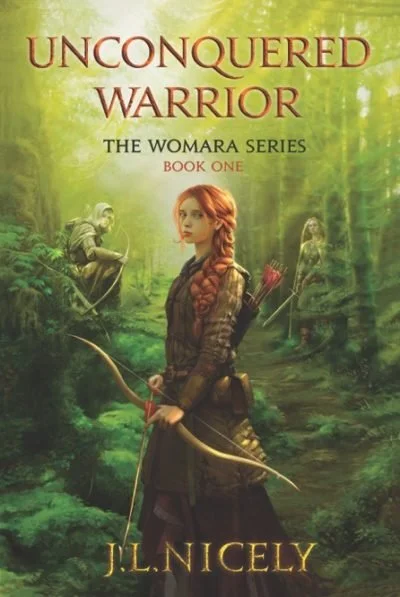 Book cover titled "Unconquered Warrior" by J.L. Nicely, featuring a red-haired woman with a bow in a forest, with two other figures in the background. Book & Author Publicity by Quatrain PR.