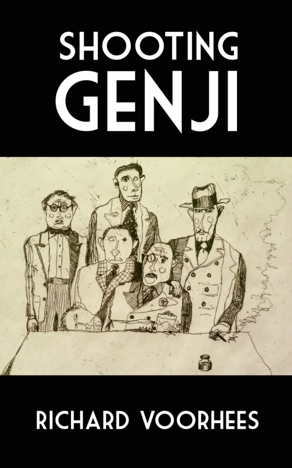 Book cover titled "Shooting Genji" by Richard Voorhees, featuring a sketch of five people in vintage attire around a table.