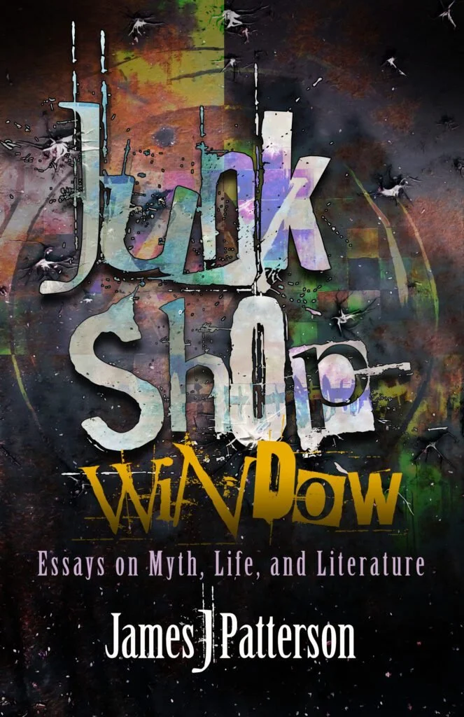 The book cover titled "Junk Shop Widow" by James Patterson features a colorful, graffiti-style background with splashes of paint and abstract designs. The title is prominently displayed with a mix of white and yellow text, and the subtitle reads "Ess