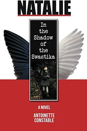 Book cover titled 'In the Shadow of the Swastika' by Natalie. Features black and white wings behind the text, with a black and white photo of a girl in a coat and hat standing outdoors at night. Book & Author Publicity by Quatrain PR.