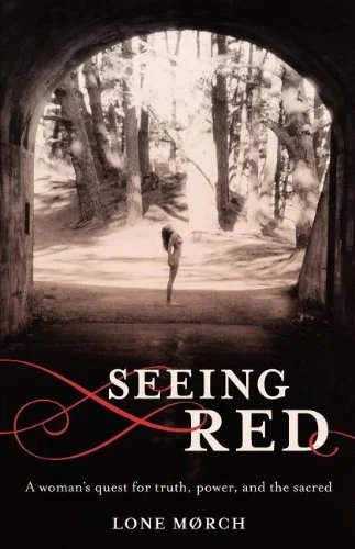 Book cover for 'Seeing Red' by Lone M. Orc with a black-and-white photo of a person walking through a wooded area viewed from inside a tunnel.