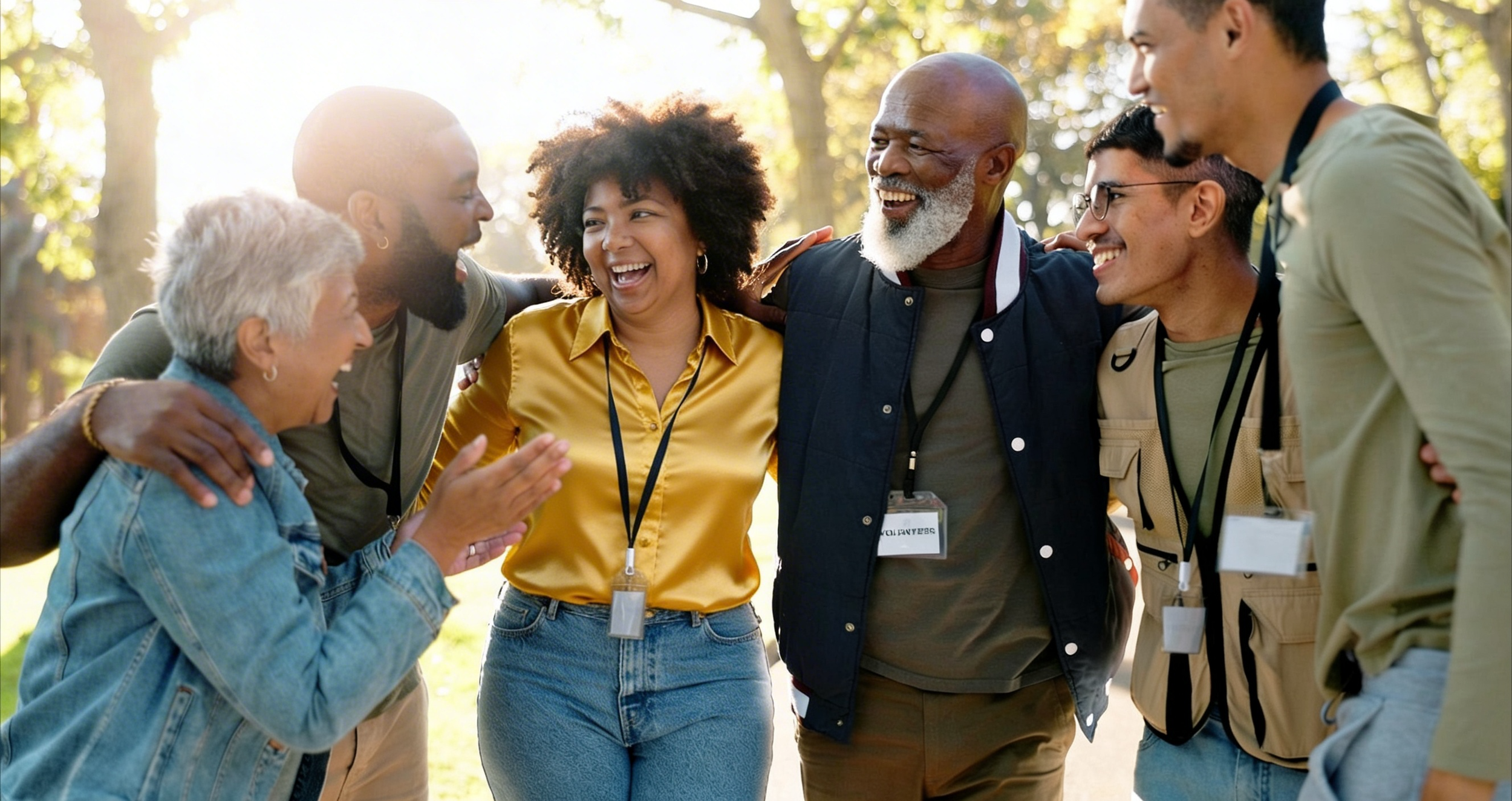 Group of people smiling with arms around each other outdoors on a sunny day.