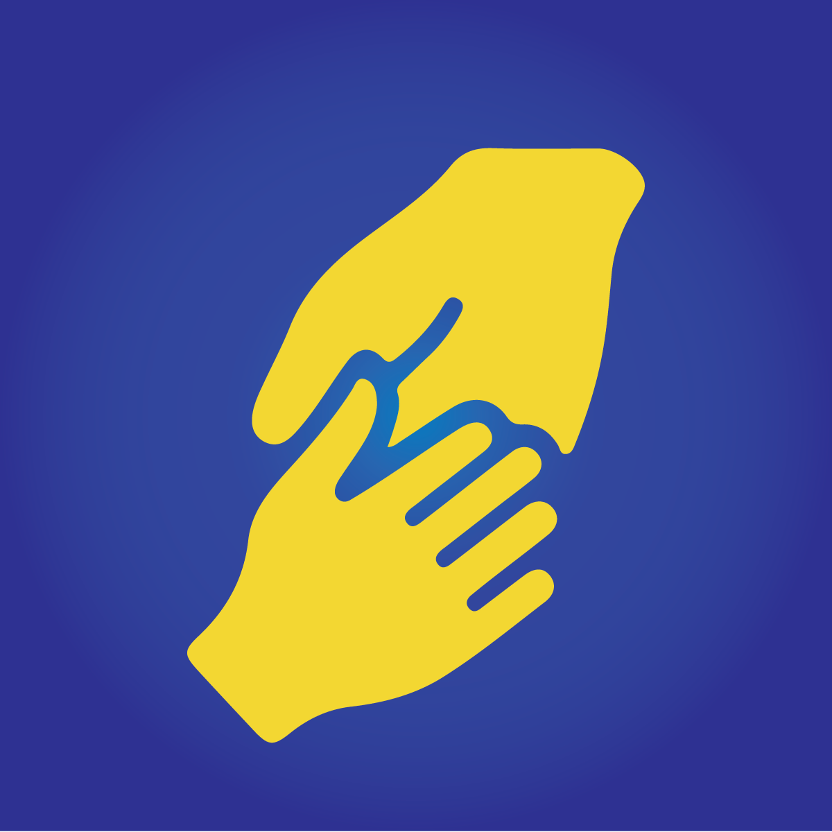 Illustration of two hands, one yellow and one blue, clasping in a handshake on a blue background.
