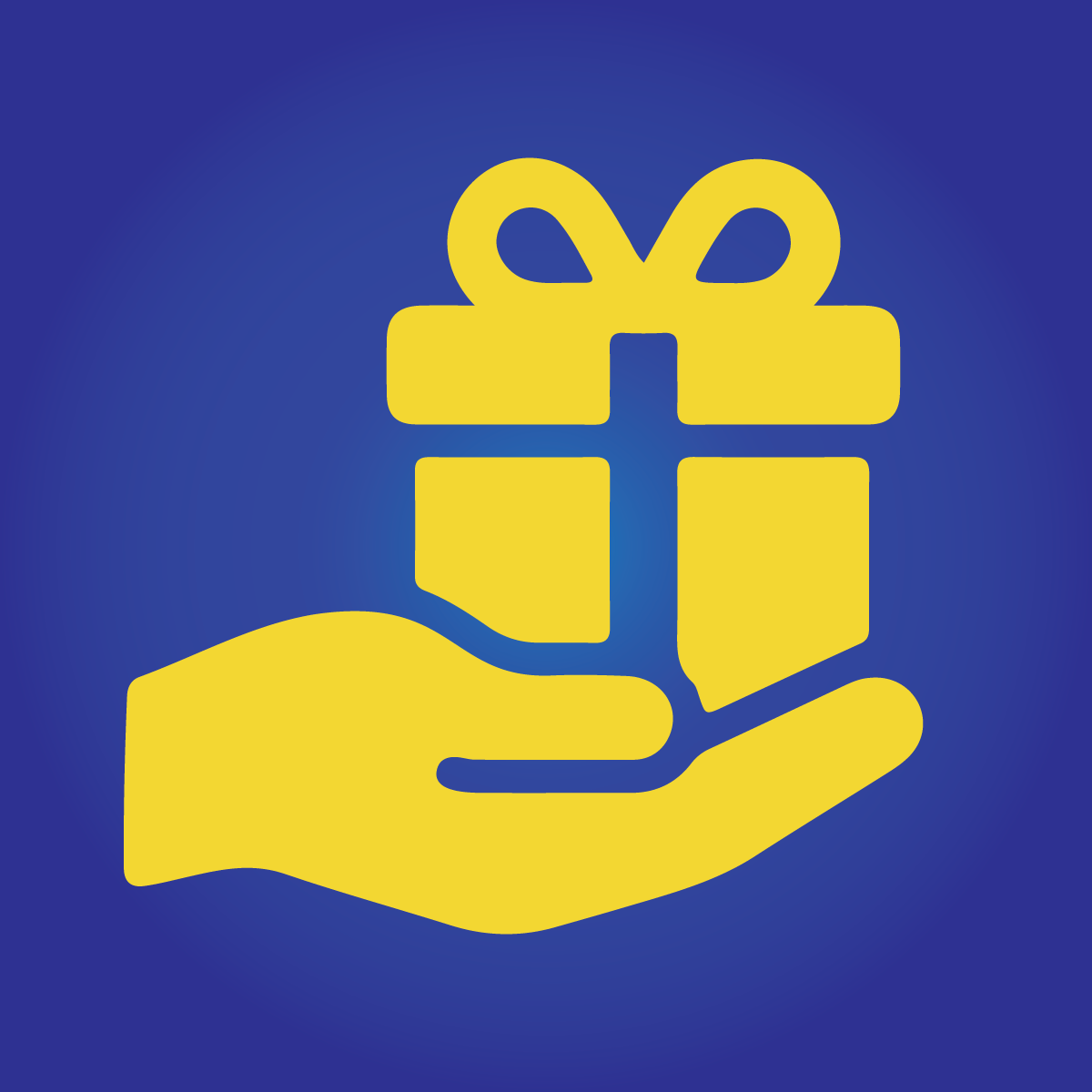 Yellow hand holding a yellow gift box with a bow on blue background.