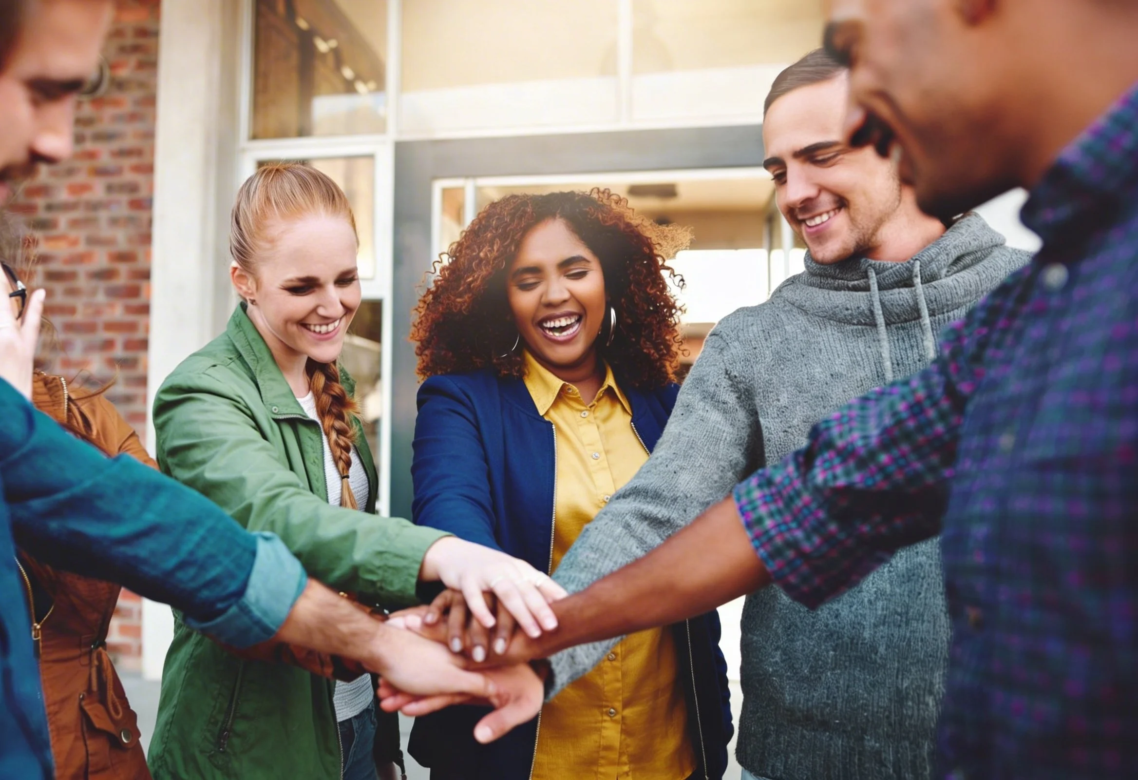 A diverse group of five people are standing outside, smiling, with their hands stacked together in a gesture of unity or teamwork.