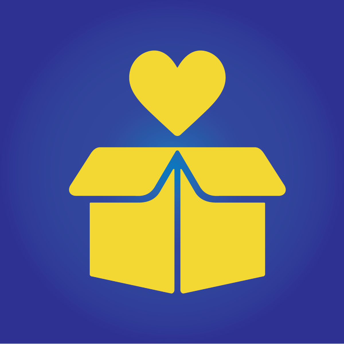 A yellow heart floating above an open yellow box against a blue background.