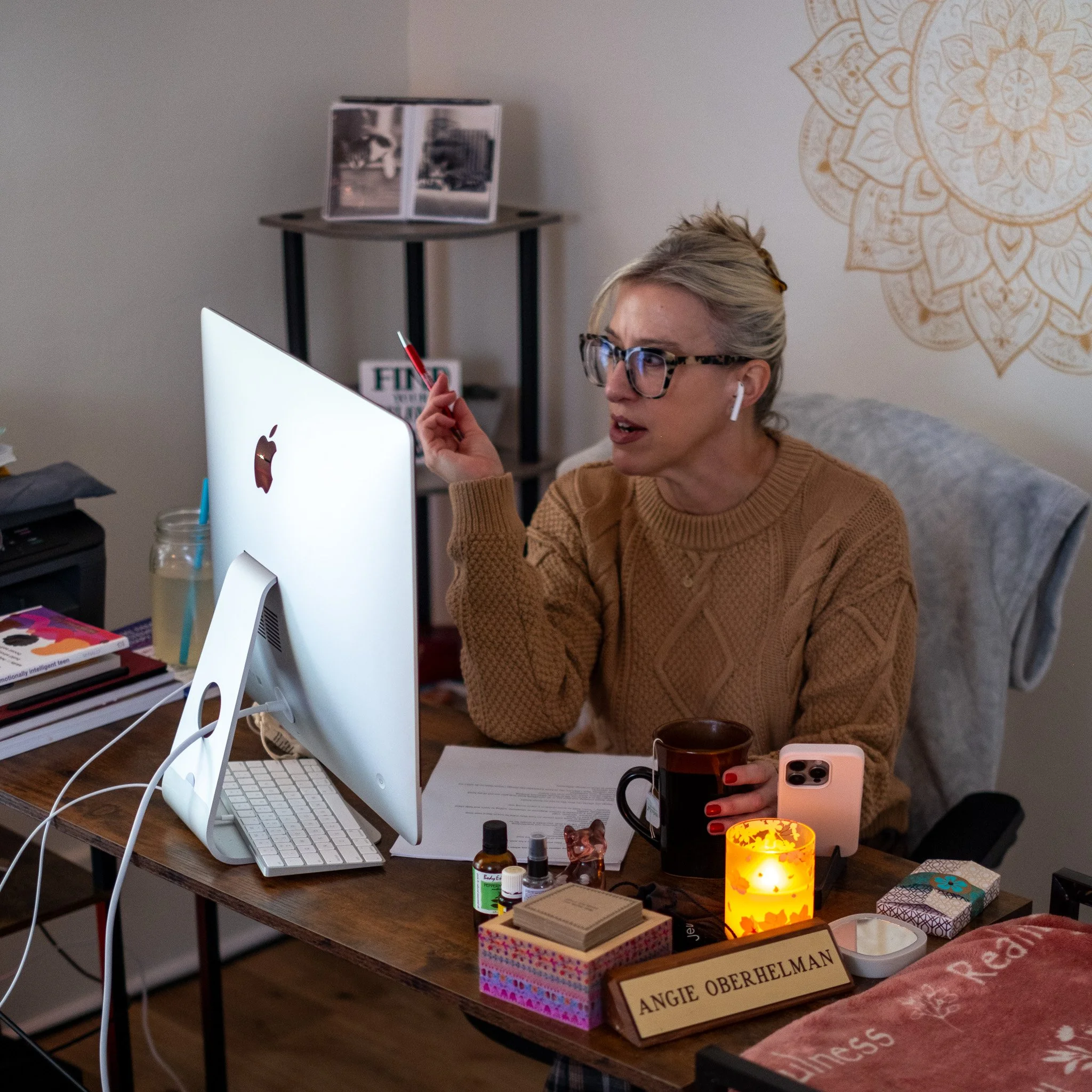 Angie on a zoom call with a client