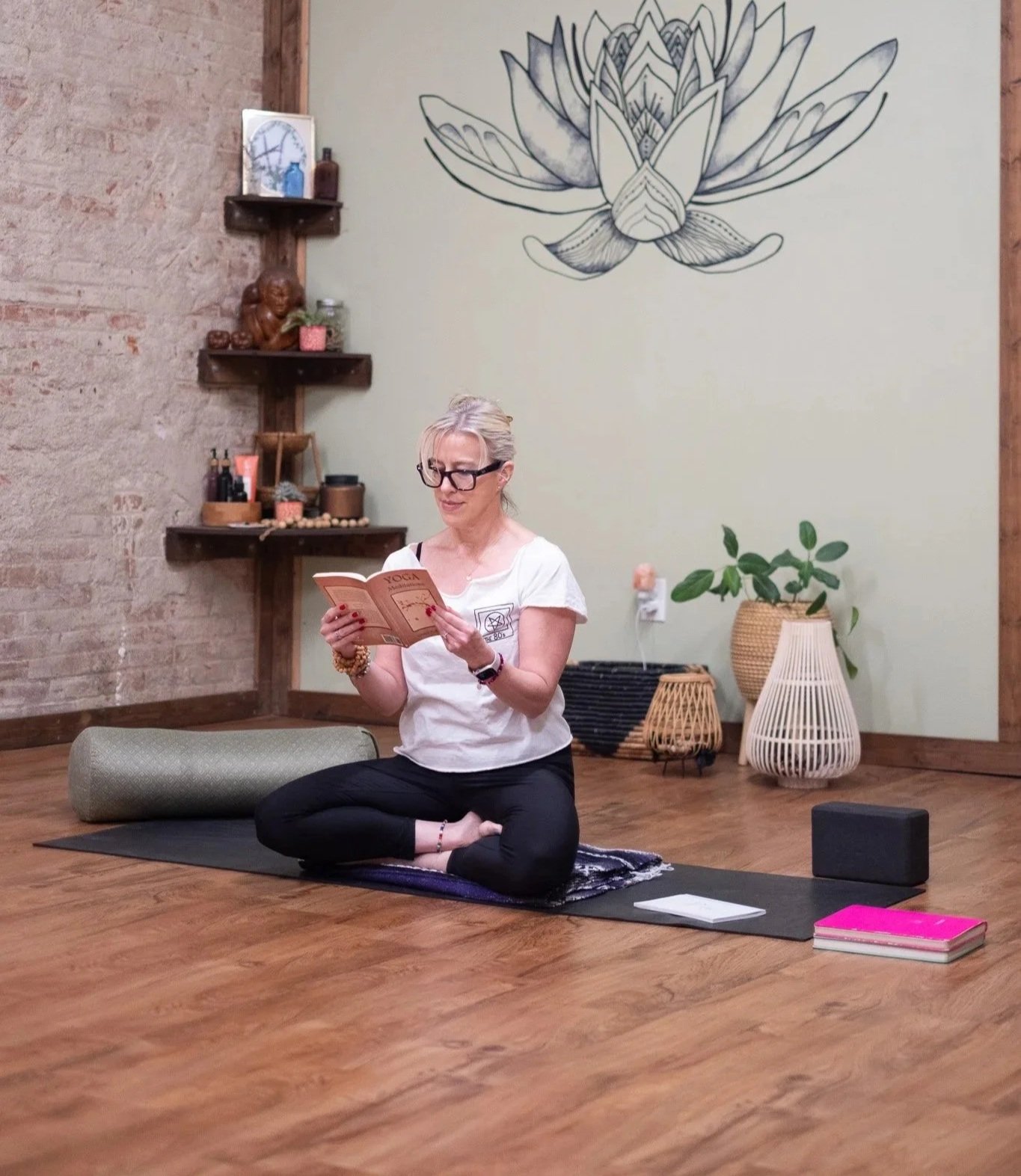 Angie preparing for yoga class