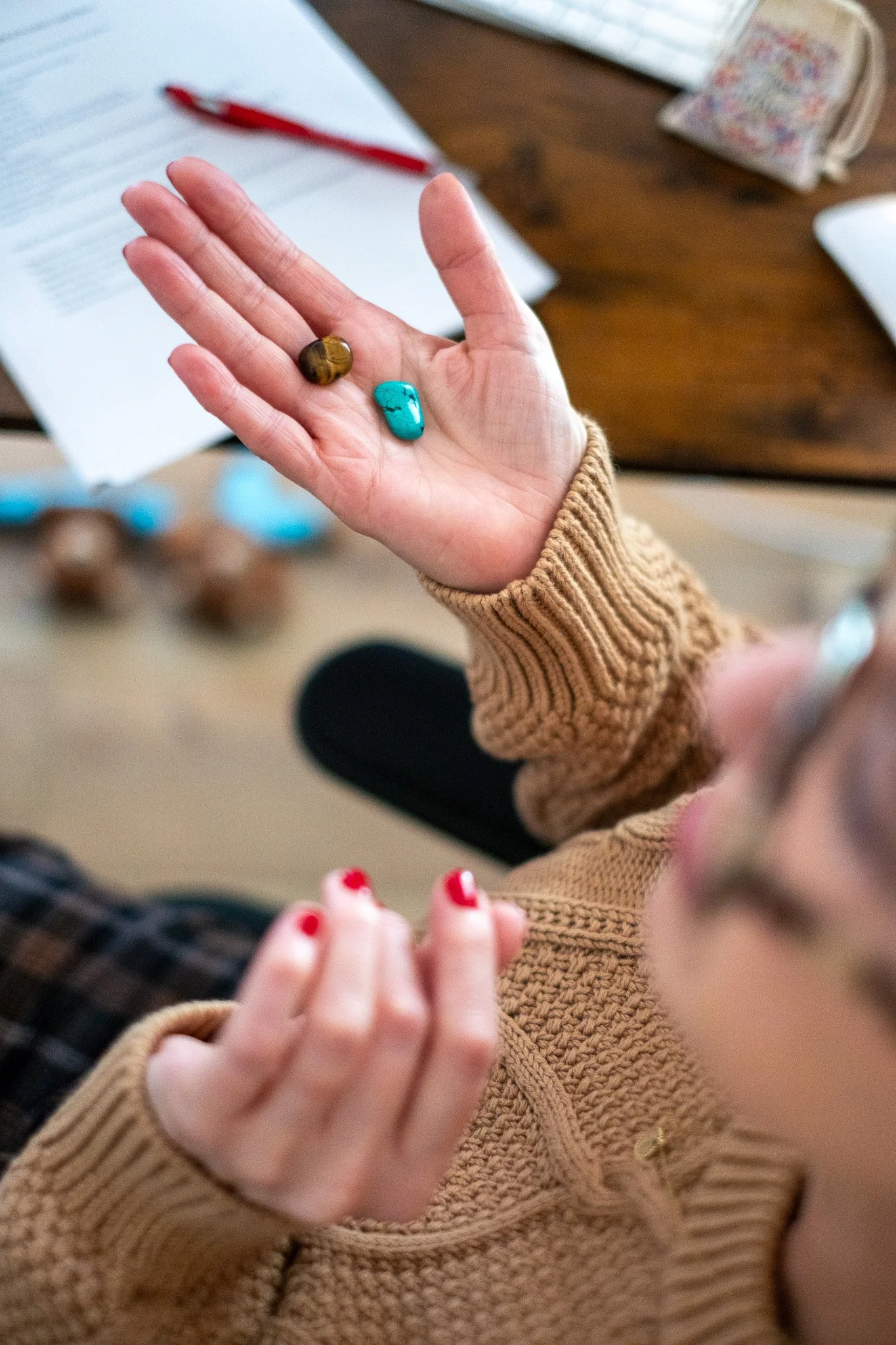 Angie holding gemstones