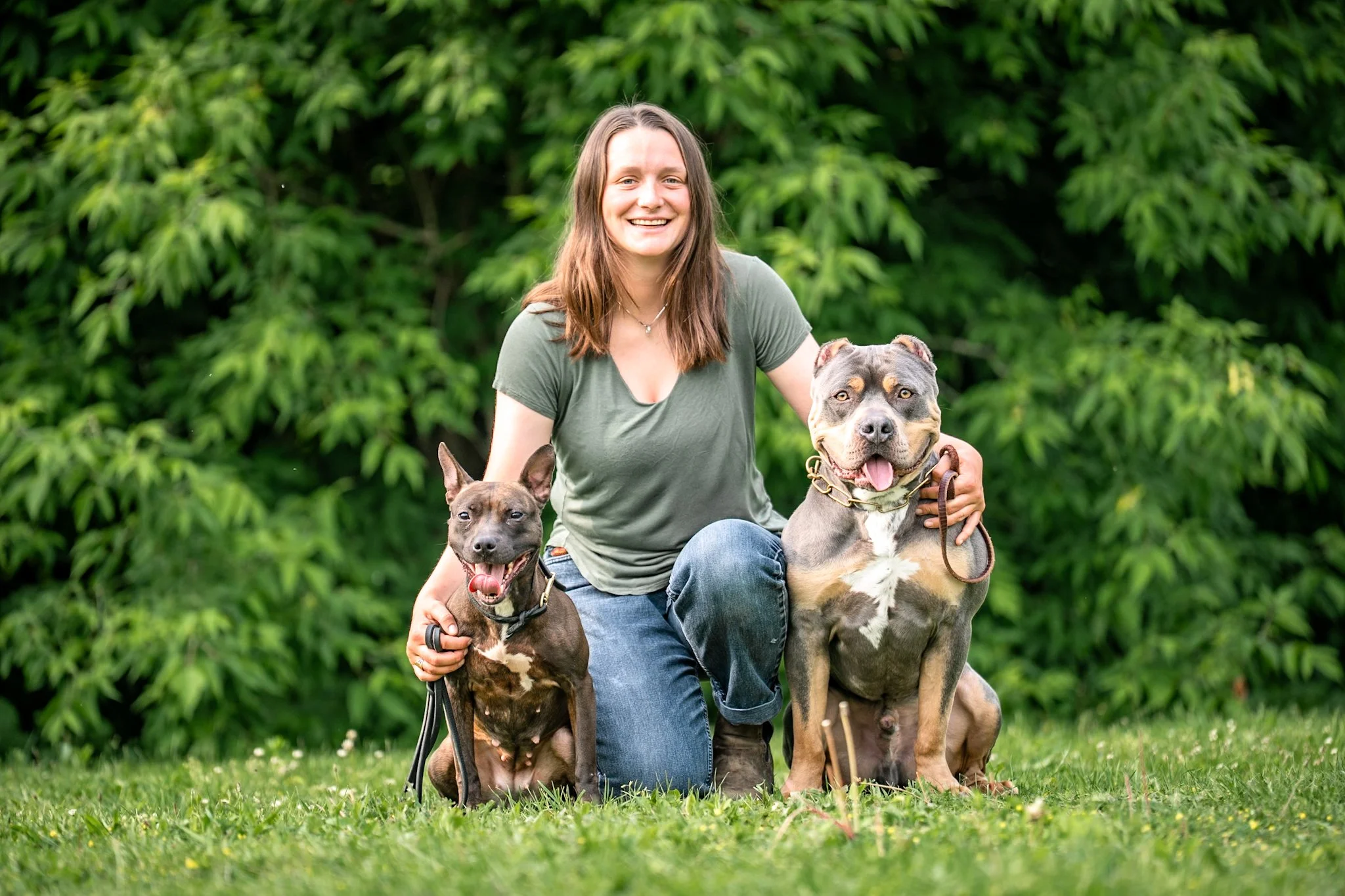 A woman with brown hair smiling, kneeling on grass with two large dogs, one smaller dog, and a background of green trees.