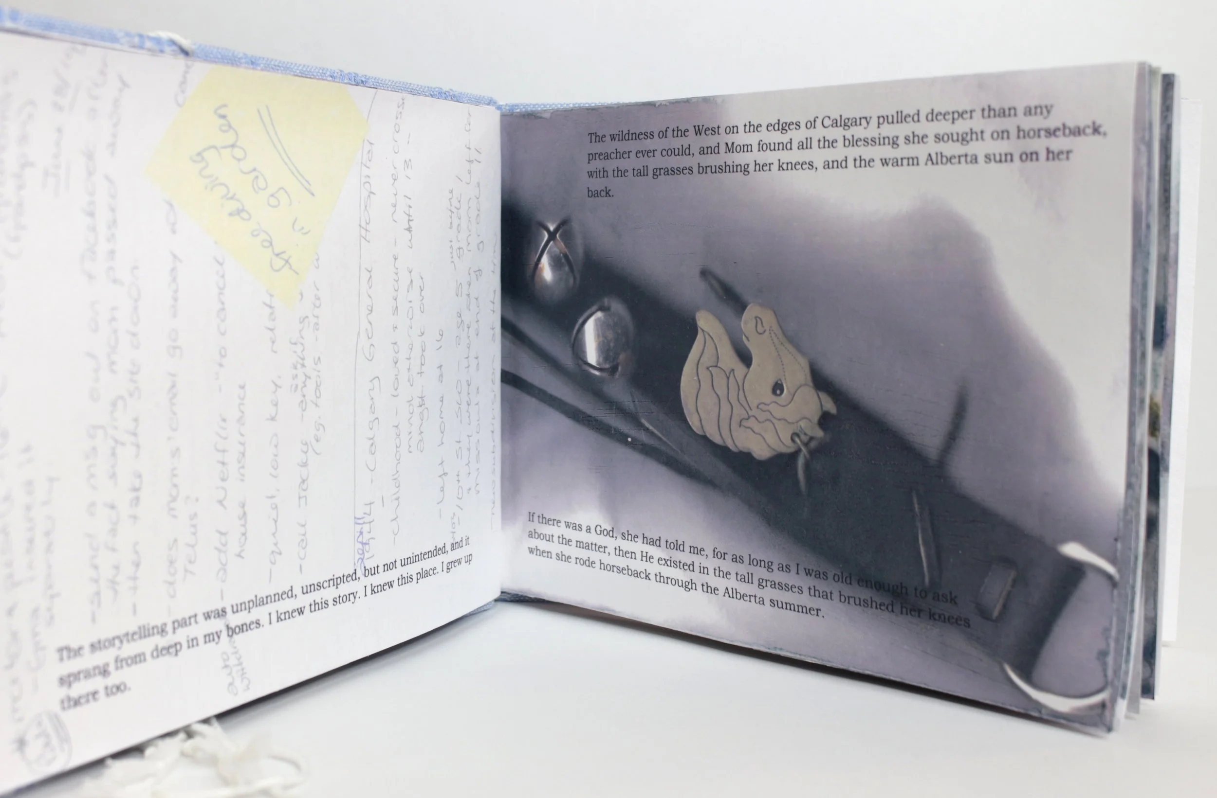 Open notebook with handwritten notes on the left page and an illustration of a horse's head on the right page, with text and sketches.