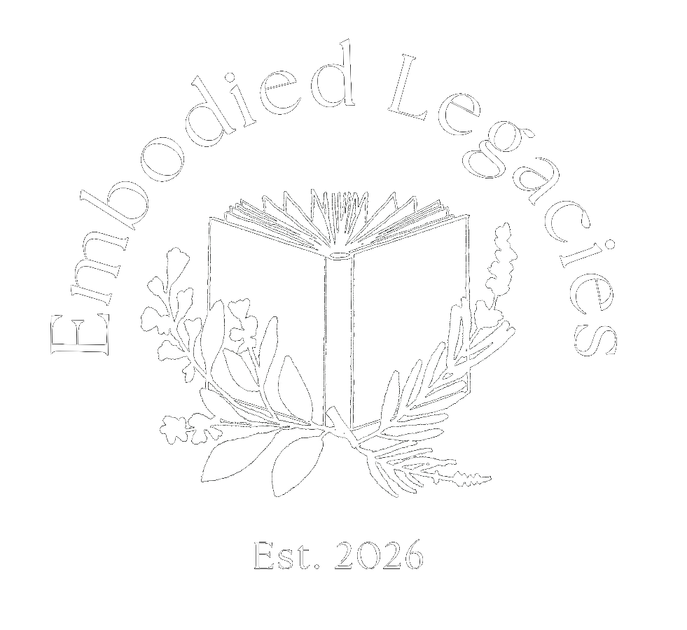 Logo with the words "Embodied Legacy" arched above an open book with a wreath of leaves around it, and "Est. 2026" below in white on a black background.
