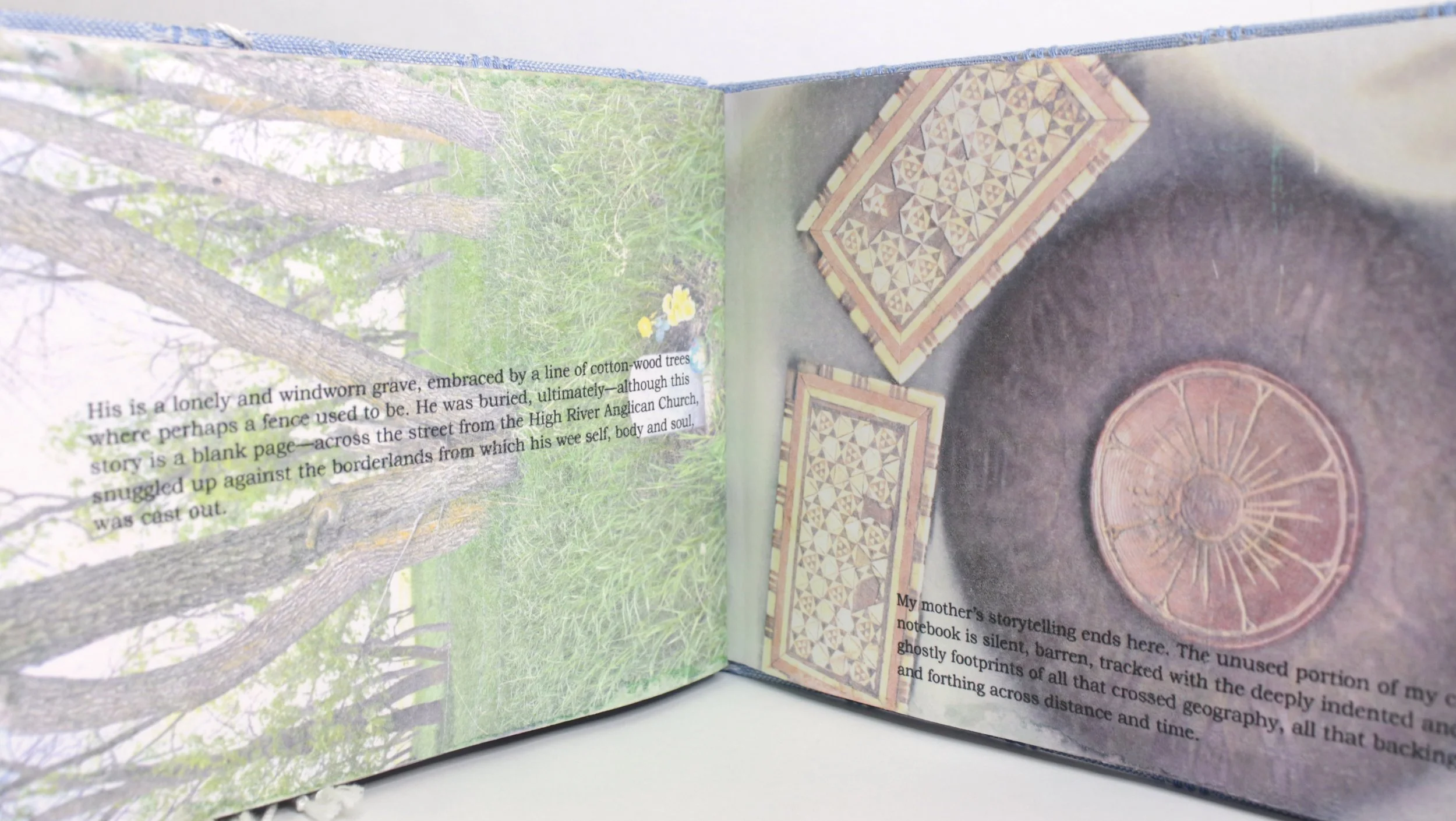 Open book displaying text, images of trees, and a patterned circular object on the right page.