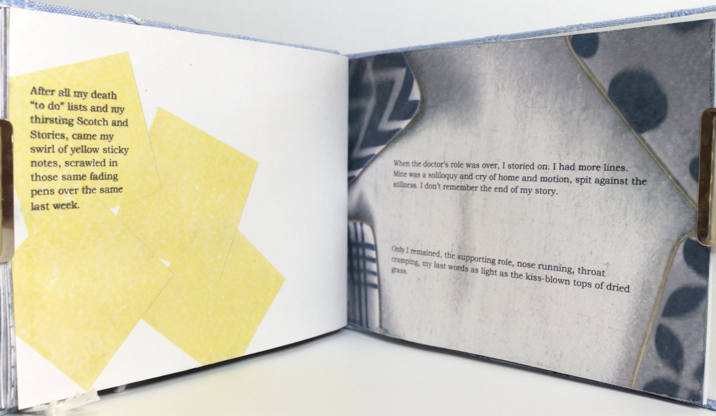 Open book with yellow sticky notes on the left page containing handwritten or printed text, and the right page with printed text on a textured background.