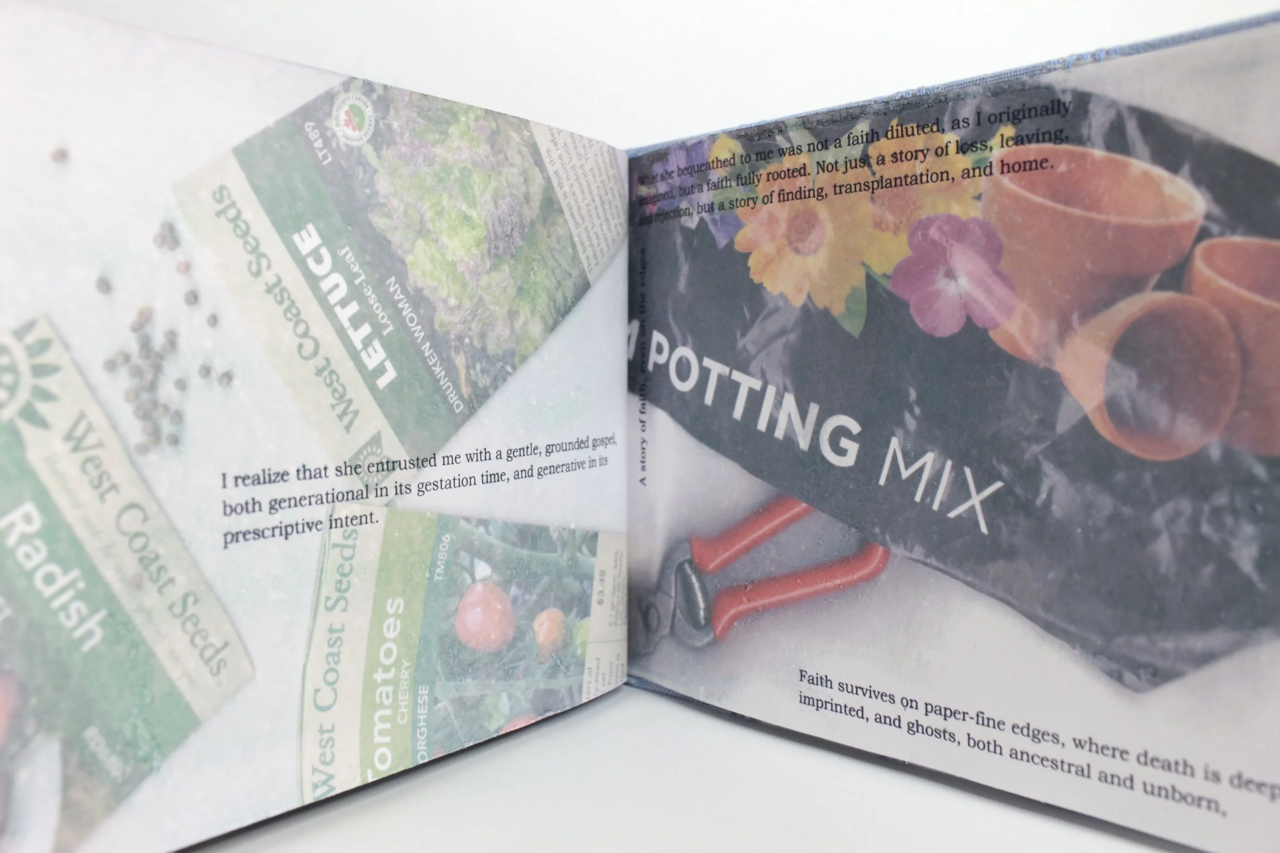 Open botanical book displaying pages titled "LETTUCE" and "POTTING MIX" with images of seeds, soil, and garden supplies.