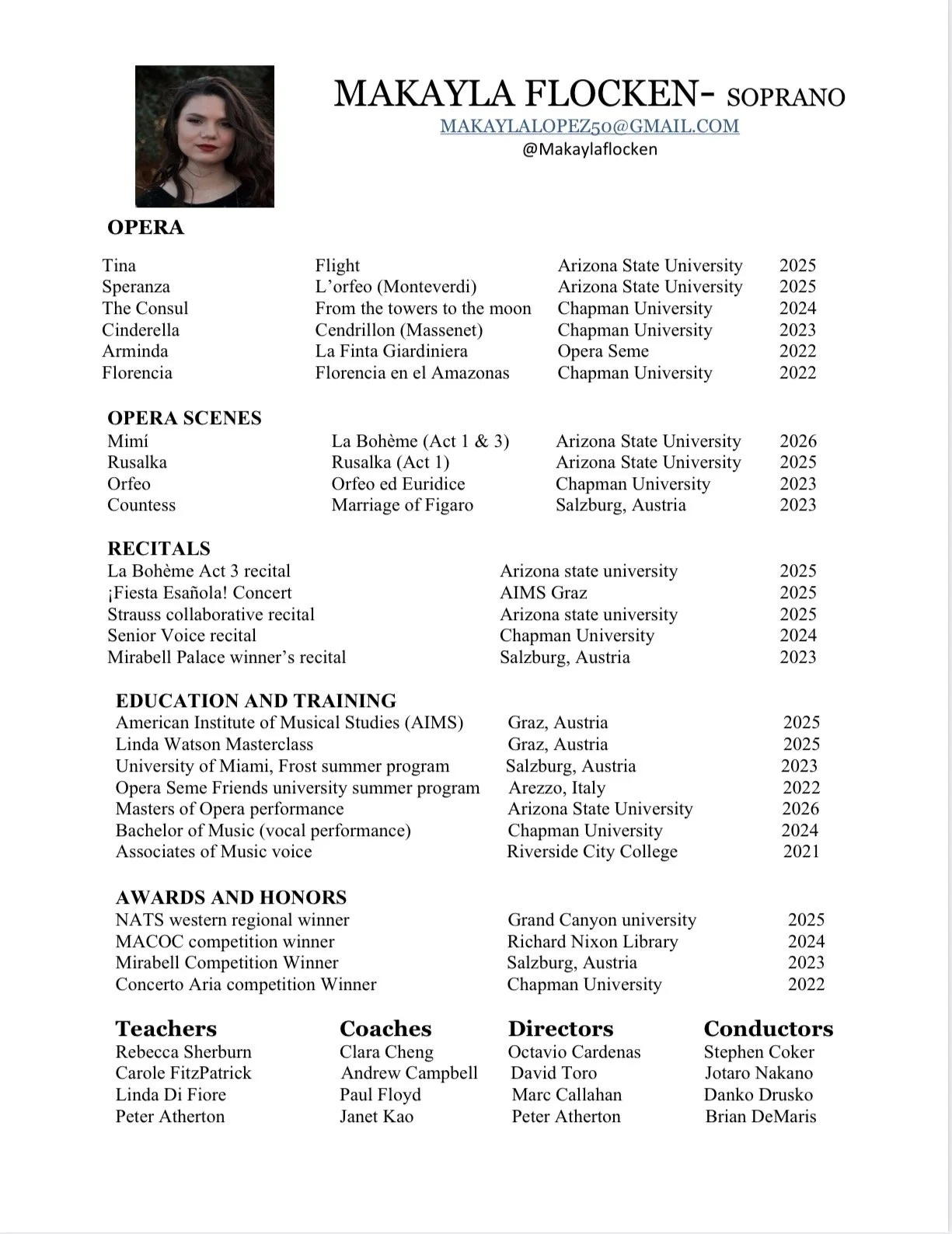 A resume for Makyla Flocken, a soprano, including a photo, contact information, and sections for opera roles, opera scenes, recitals, education and training, awards and honors, and list of teachers, coaches, directors, and conductors.