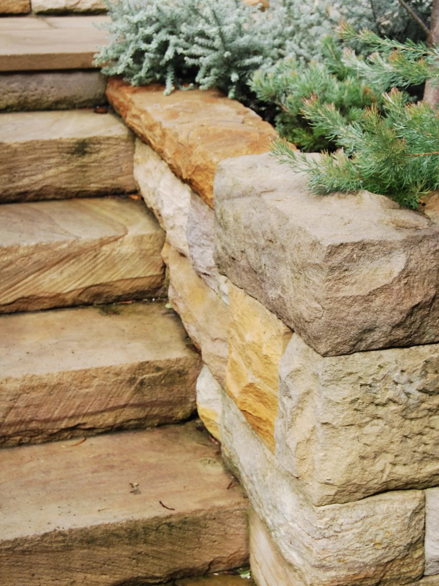 Stone placed with intention. 
Softened by what grows around it.