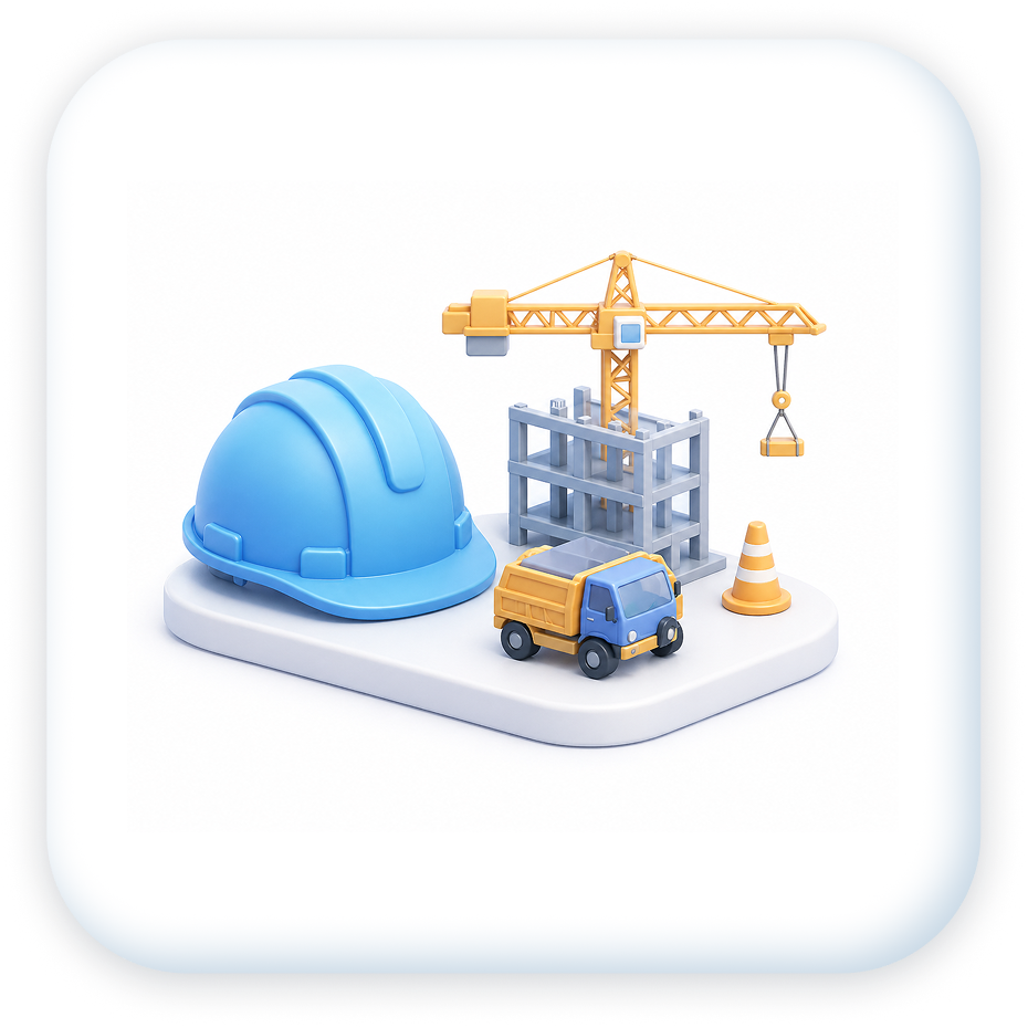 Construction site with a blue safety helmet, a small construction truck, a yellow tower crane, a gray building framework, an orange and white traffic cone, and a yellow hook.