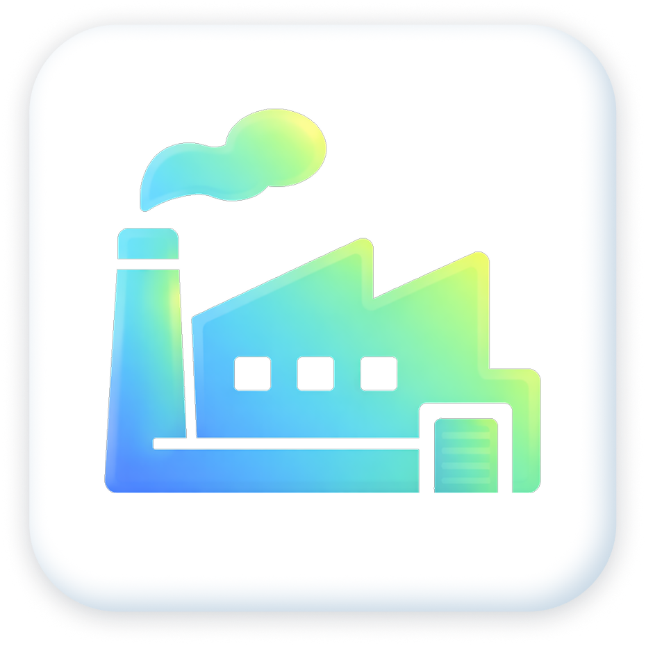 Illustration of a factory building with a smokestack emitting smoke, depicted in gradient shades of blue and green.
