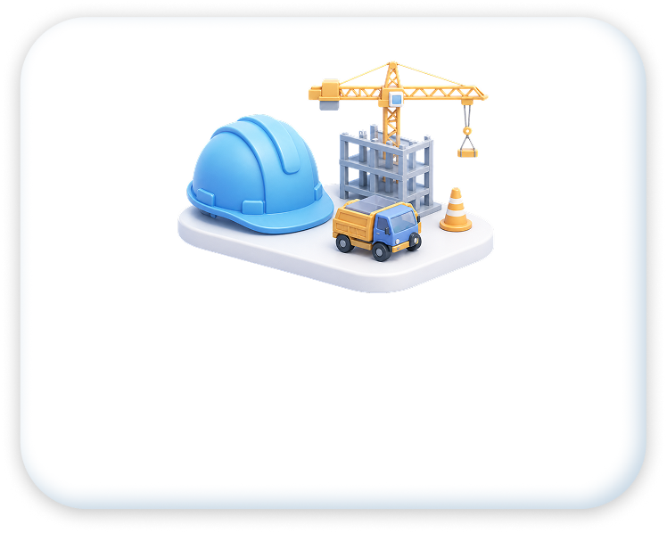 Construction site with a blue safety helmet, a yellow crane, a small construction truck, and an orange traffic cone on a white base.