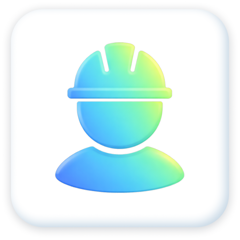 Icon of a person wearing a safety helmet, depicted with a gradient of blue and green colors, on a white background with rounded corners.