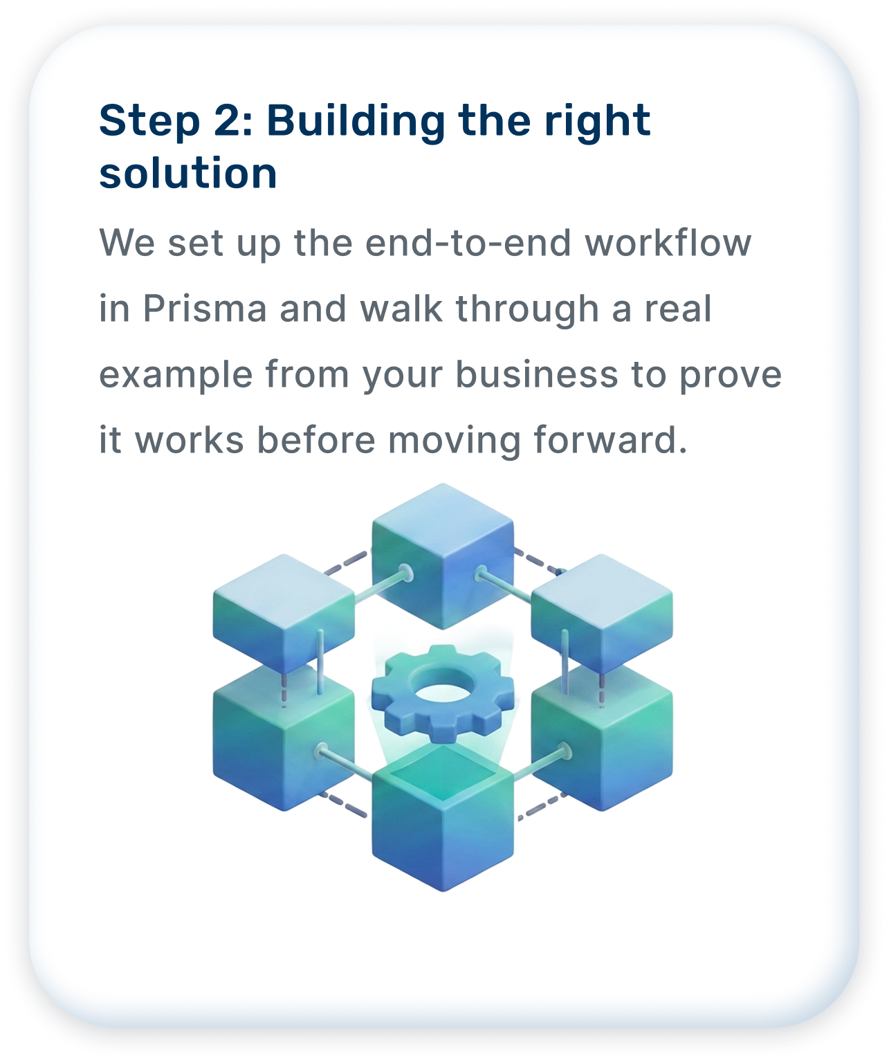 Diagram showing interconnected blue and teal cubes with a gear in the center, illustrating a workflow process.