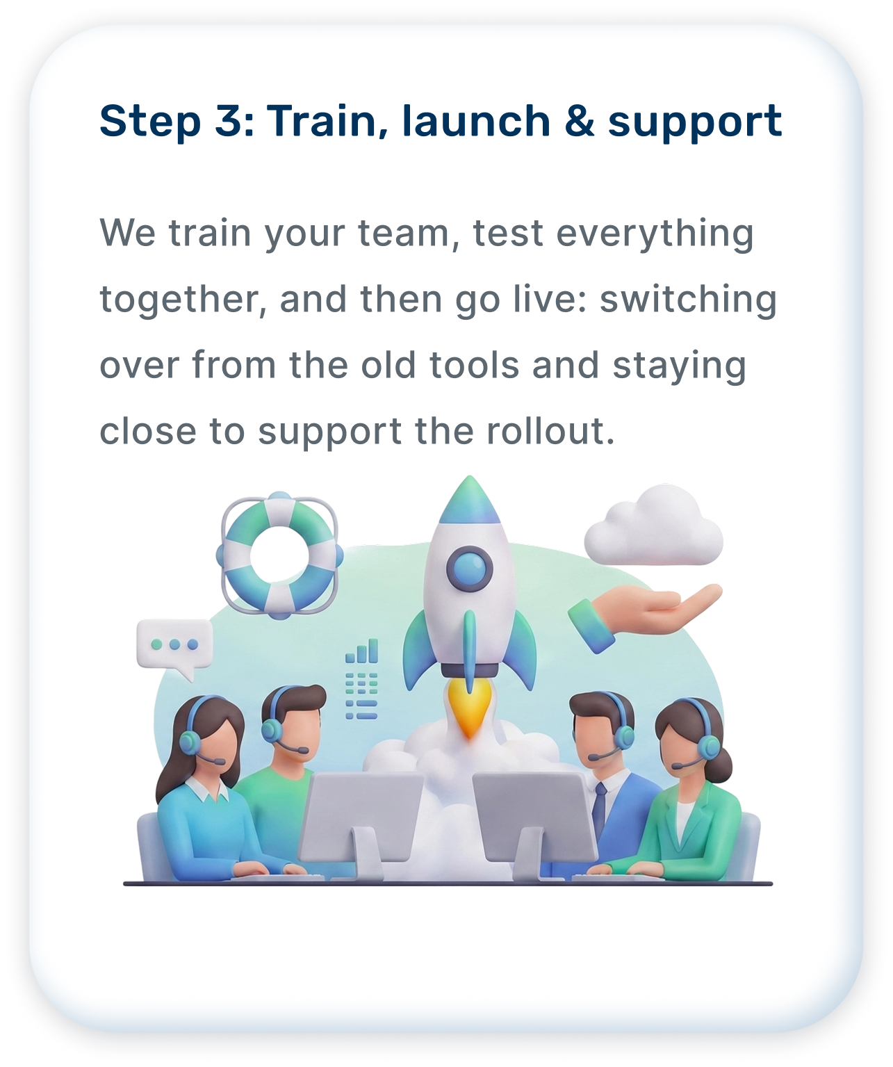 Illustration of a team of four people with headsets sitting at computers, launching a rocket, with a life preserver, cloud, and chat icons, representing training, launching, and support.