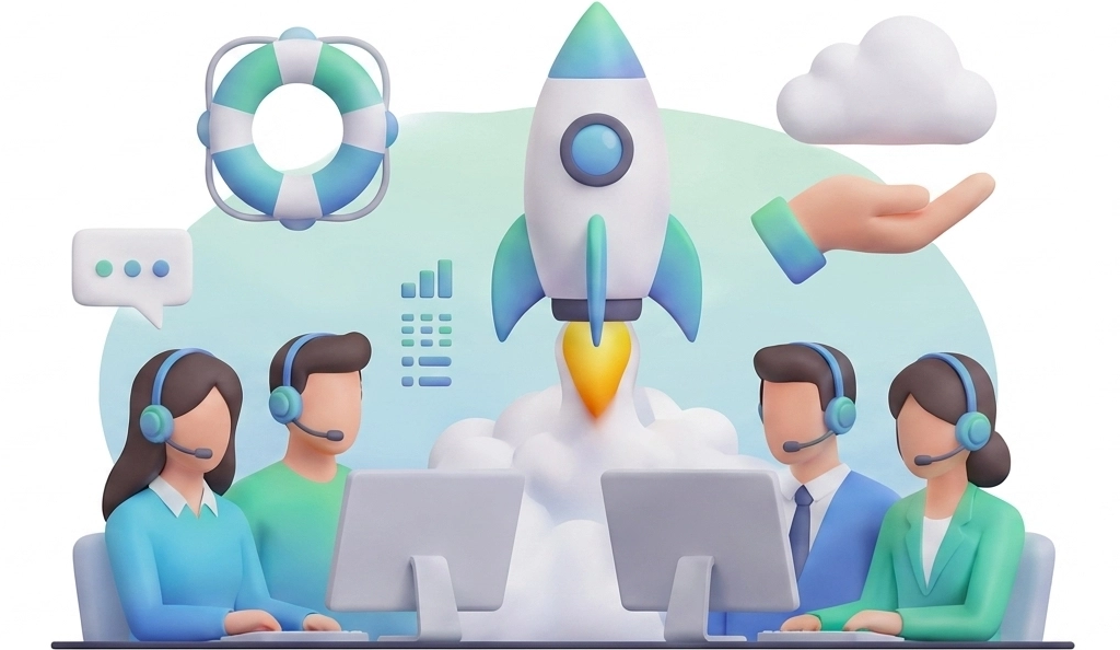 Four customer service representatives with headsets sitting at desks with computers, a rocket launching, a lifebuoy, a cloud, and various digital icons in a futuristic, cartoon style.