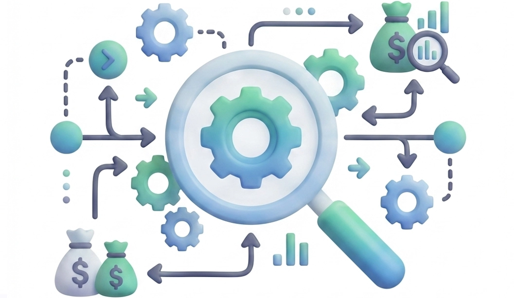 Illustration of gears, magnifying glass, arrows, and money bags representing business analysis or process optimization.