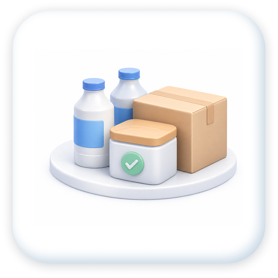Illustration of medical supplies, including two bottles, a container with a check mark, and a cardboard box, placed on a circular white platform.