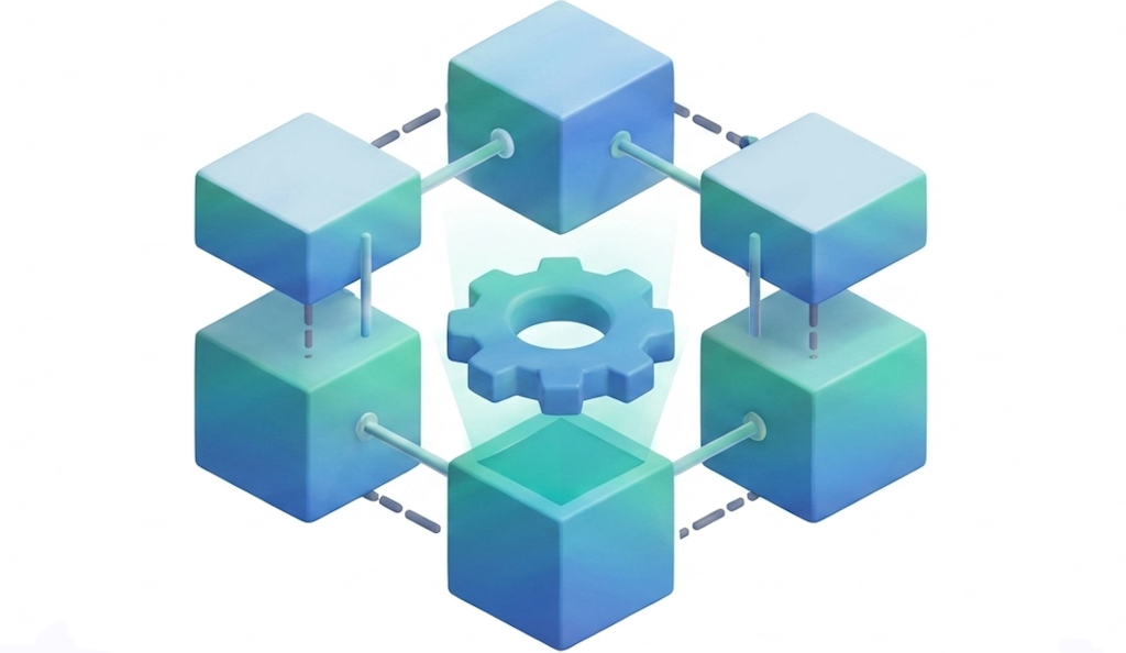 A digital illustration of interconnected blue and turquoise cubes surrounding a gear in the center, symbolizing technology or blockchain concepts.