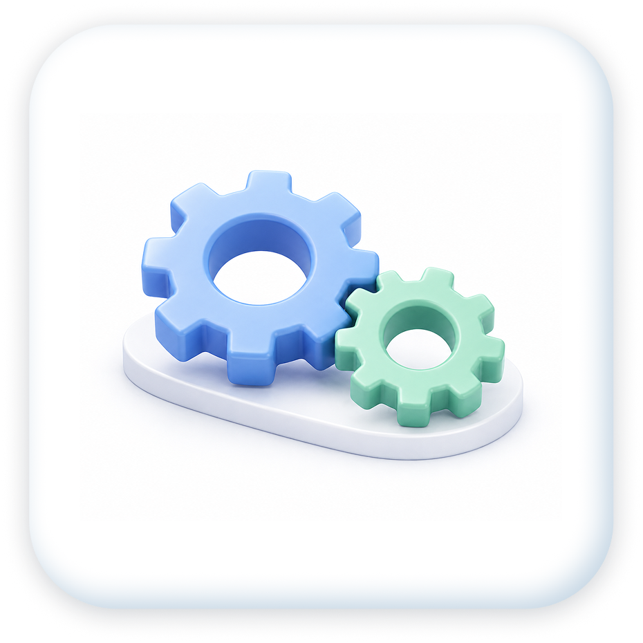 Two colorful gears, one large blue and one small green, on a white platform.