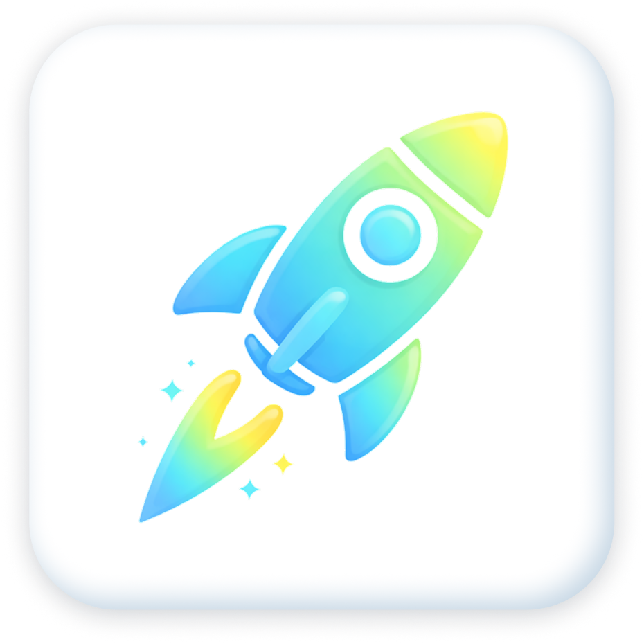 Colorful cartoon rocket ship launching with flames and sparkles.
