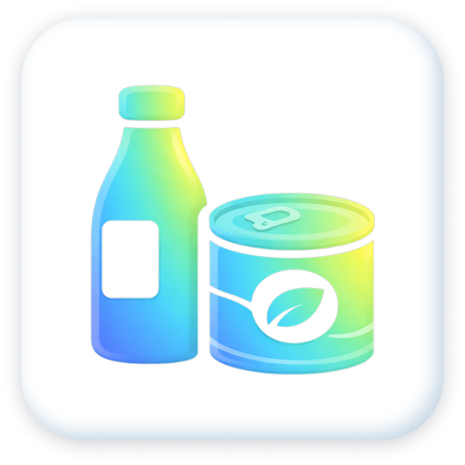Illustration of a bottle and a can, both with eco-friendly and leaf symbols, indicating environmentally friendly products.