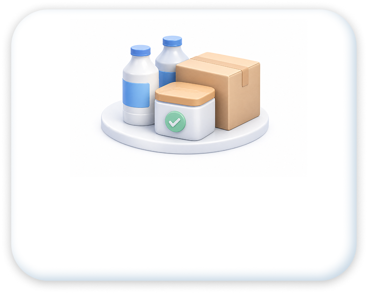 Two bottles, a box, and a container with a checkmark on a white oval tray.