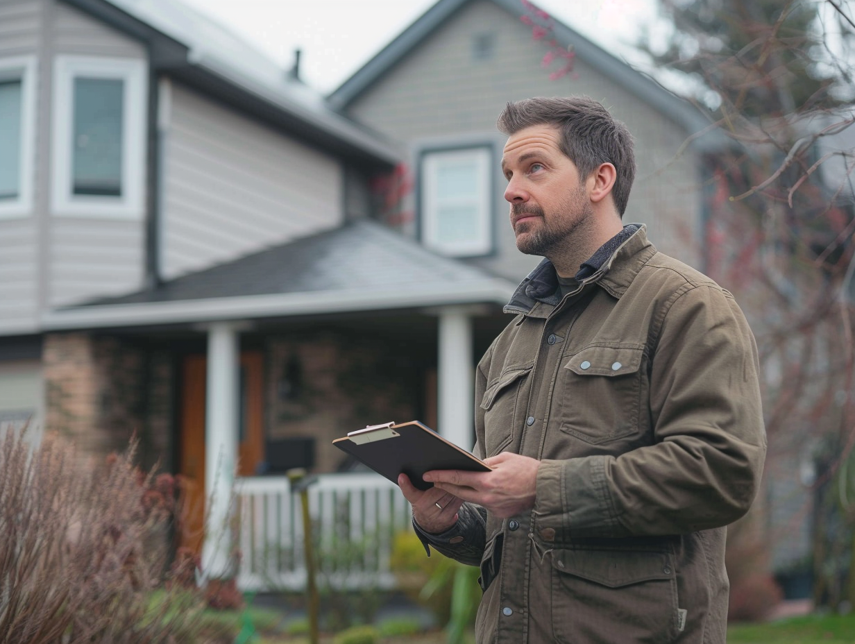 A man standing outside in front of a house, holding a clipboard and looking into the distance.