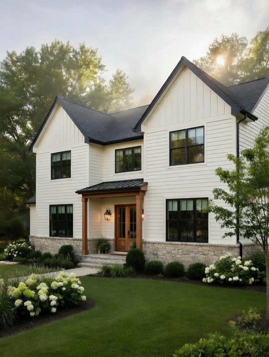 A two-story house with white siding, black window frames, and a stone foundation. The front entrance has a wooden door, a small porch with wooden pillars, and a lantern-style light. The front yard has well-maintained green grass, plants, and white flowers, with trees in the background and sunlight shining through.
