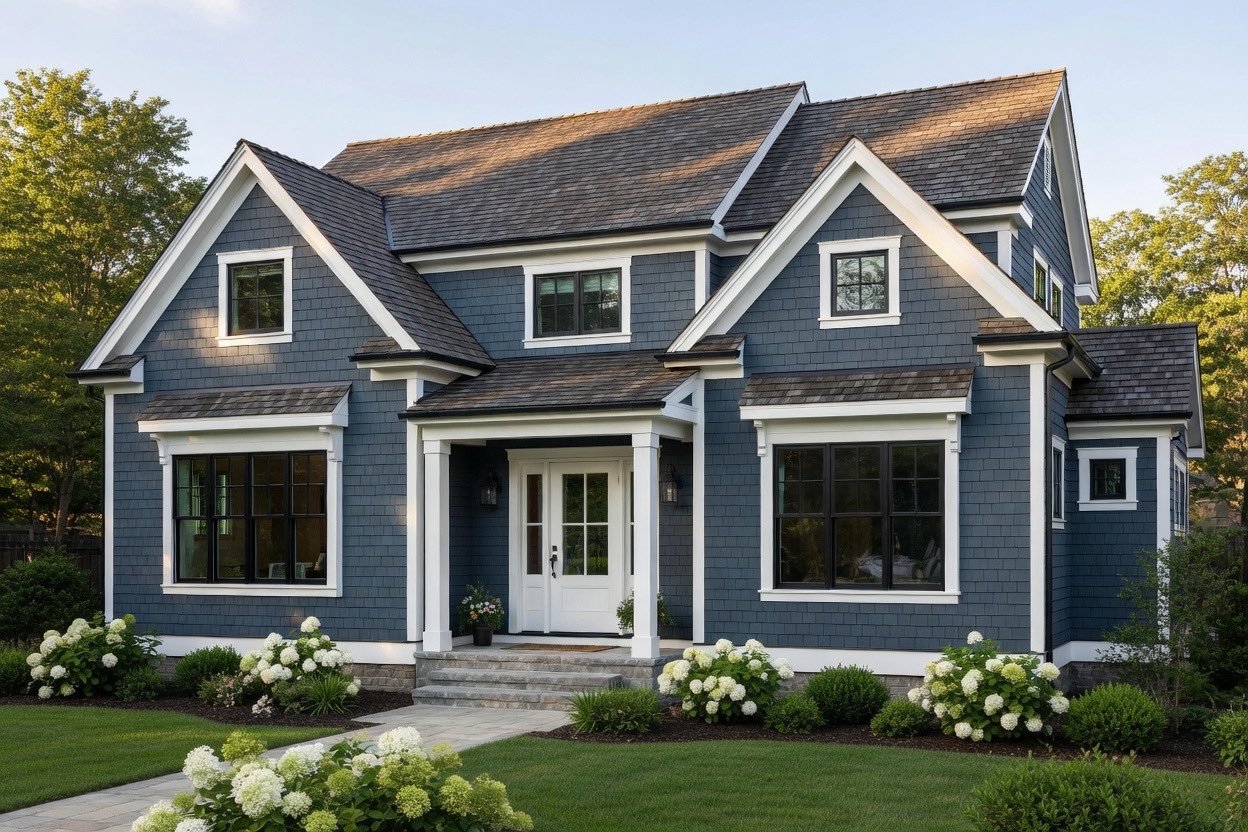A two-story house with dark blue siding, white trim, and multiple gabled roofs, surrounded by a well-manicured lawn and bushes with white flowers.