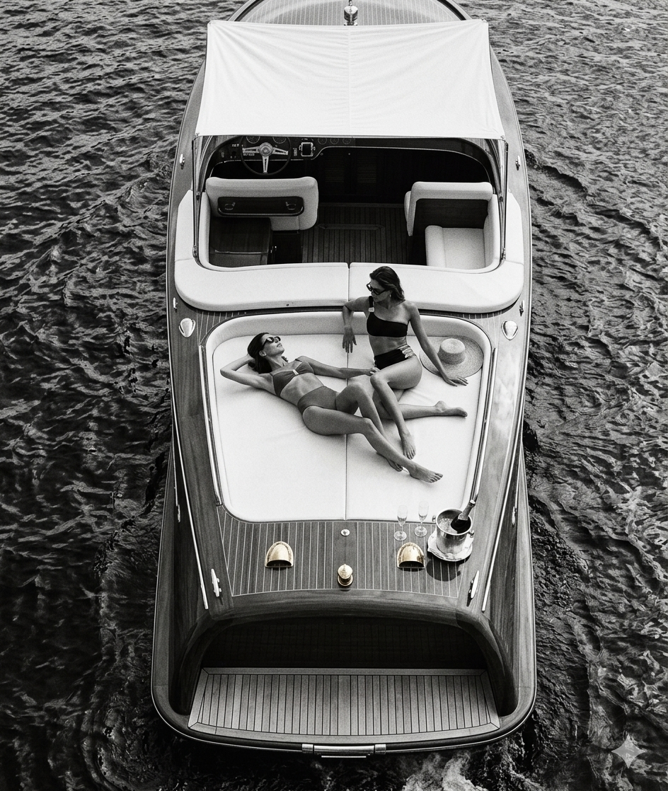 Two women in swimsuits relaxing on the sun deck of a yacht, with water around the yacht.
